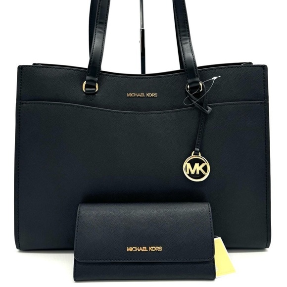 Michael Kors Large MF Pocket Shoulder Tote Bag & Trifold Wallet Black/Gold - Picture 1 of 15
